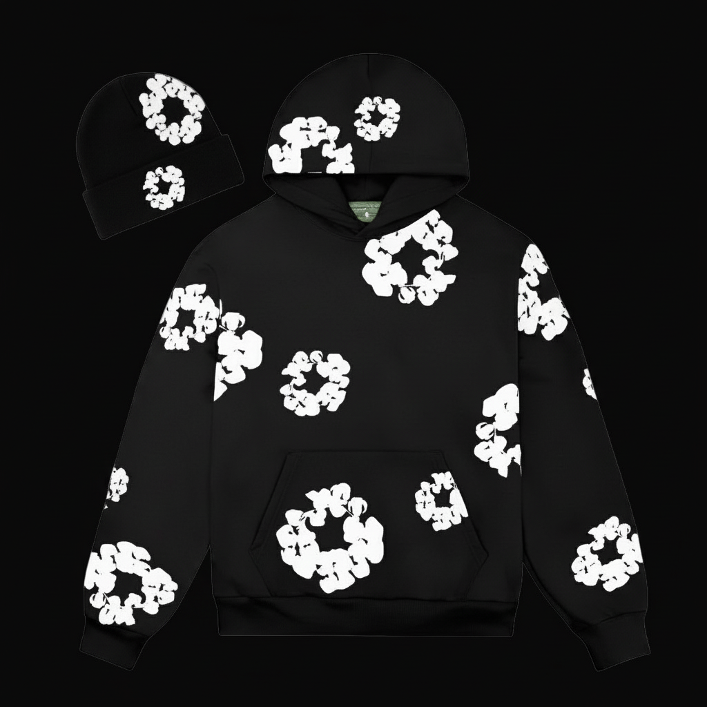 Black hoodie and beanie with white background