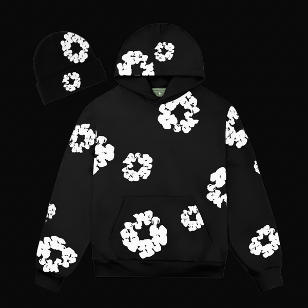 Black hoodie and beanie with white background